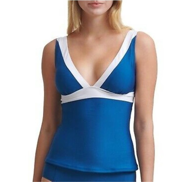 DKNY Navy Color Block Deep V Neck Tankini Top XS - Picture 1 of 5